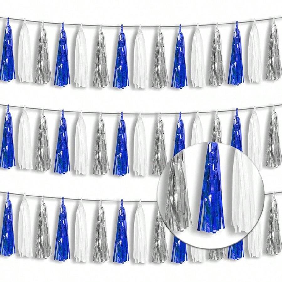 3P Metallic Fringe Tassel Banner Garland Foil Tinsel Streamer Wall Hanging Curtain Backdrop Banner For Parade Floats, Graduation Decorations, Father's Day Party Decoration(Silver)Halloween Christmas New Year - 海軍藍白色銀色 - 查看 1