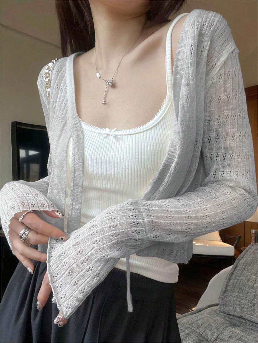 Áo len cardigan buộc dây hở vai tay dài, áo crop top cho mùa tựu trường - Xám - Xem 1