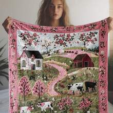 Vintage Farmhouse Flannel Blanket - Rustic Pink Floral, Soft Knitted Polyester, Quilted Texture, 1pc | All-Season Comfort For Home, Travel, Office, Great Gift For Friend, Family, Her, Him, Adults, Elderly, Lovers, Grandfathers, Grandmothers - 彩色 - 查看 4