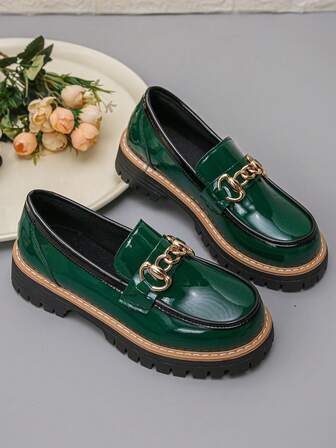 Women's Wedge Heel Thick Sole Slip-On Shoes, Solid Color Bohemian Elegant Retro Metal Chain Fashion Versatile Mary Jane Office Shoes