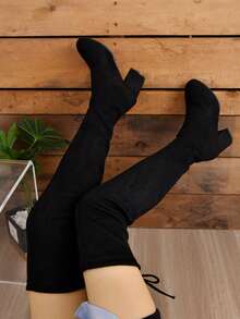 2025 Fall/Winter New Thick Heel Thigh High Boots, Elastic Pointed Toe Tall Boots For Women - Black - View 6