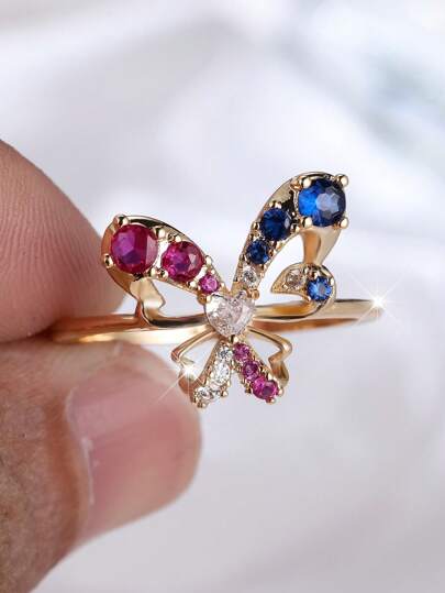 1 Peça Anel com Desenho Elegante de Borboleta em Zircônia Cúbica Sintética Dourada Champanhe Folheada a Ouro para Mulheres, Adequado para Casamento, Festa, Férias, Uso Diário, Acessório Durável e Estiloso