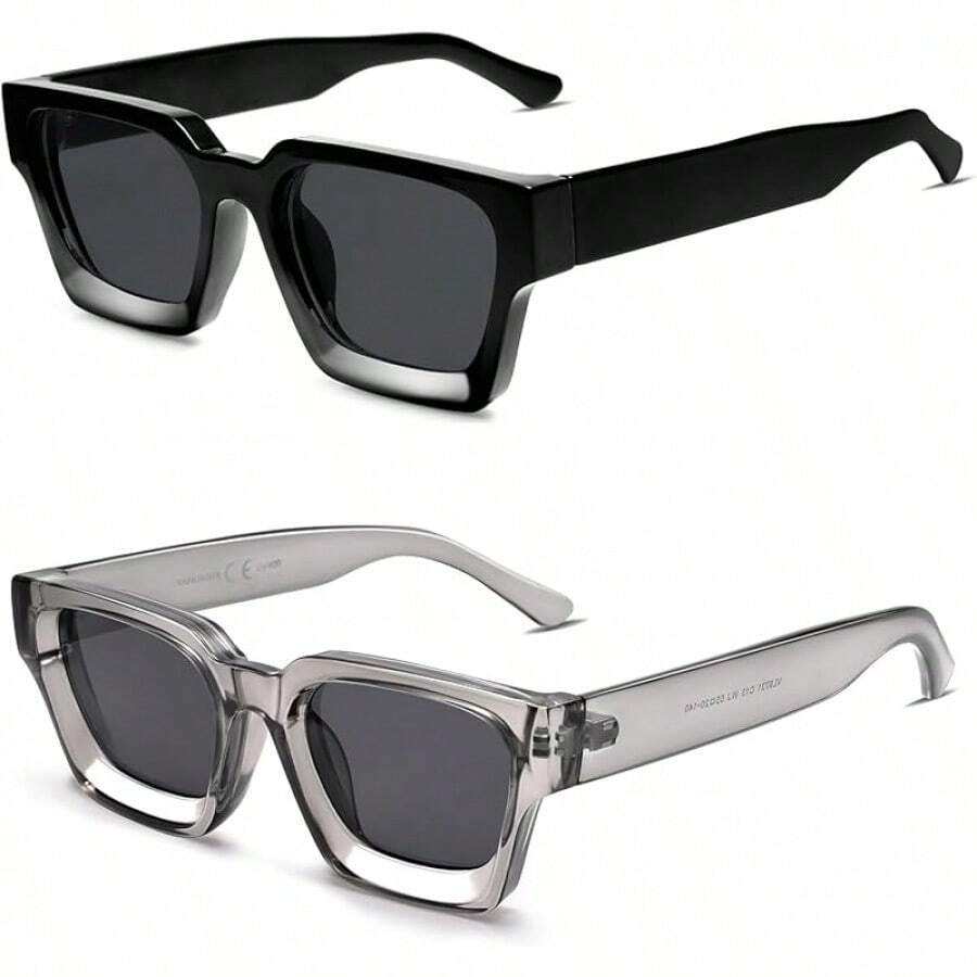 Thick Square  Retro Chunky Rectangle  Protection - 2 ชิ้น - สีดำ + สีเทาใส - ดู 1