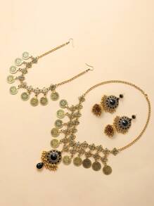 4pcs  Bollywood Style Women's Gold Necklace Set, Including 1pc Elegant Noble Fringe Necklace Studded With Purple/Green/White/Black Rhinestones, 1 Pair Exquisite Tassel Earrings, And 1pc Vintage Bohemian Style Head Chain, Ideal For Wearing At Festive Events Or As A Thanksgiving Gift Jewelry Set.