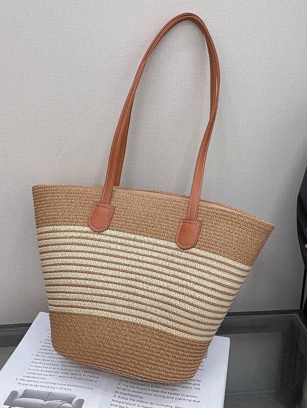 1 حقيبة كبيرة للسيدات من القماش المحبك ذات خلفية بيج مخطط باللون الخاكي، يمكن حملها باليد أو عبر الكتف، بسحاب ناعم للإغلاق، بأسلوب منتجع،خفيفة الوزن، سعة كبيرة، مناسبة للسفر والشاطئ والترفيه والتسوق