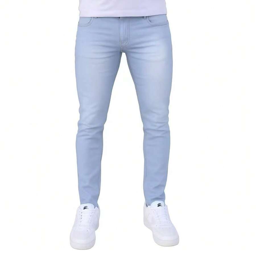 Men's Sport Thin Skinny Twill Pants With Lycra Slim Jeans - 淺色水洗藍 - 查看 1