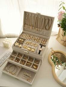 1件大容量三层珠宝盒，Pu皮革多功能珠宝盒，可上锁手表盒，便携式珠宝收纳盒，梳妆台带抽屉珠宝收纳盒，礼品皮革首饰盒，收纳盒，戒指耳环项链收纳盒