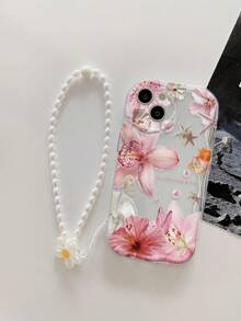 奶油色纹理波浪边亮面海星花朵彩绘防摔手机壳，配手工串珠手链配件