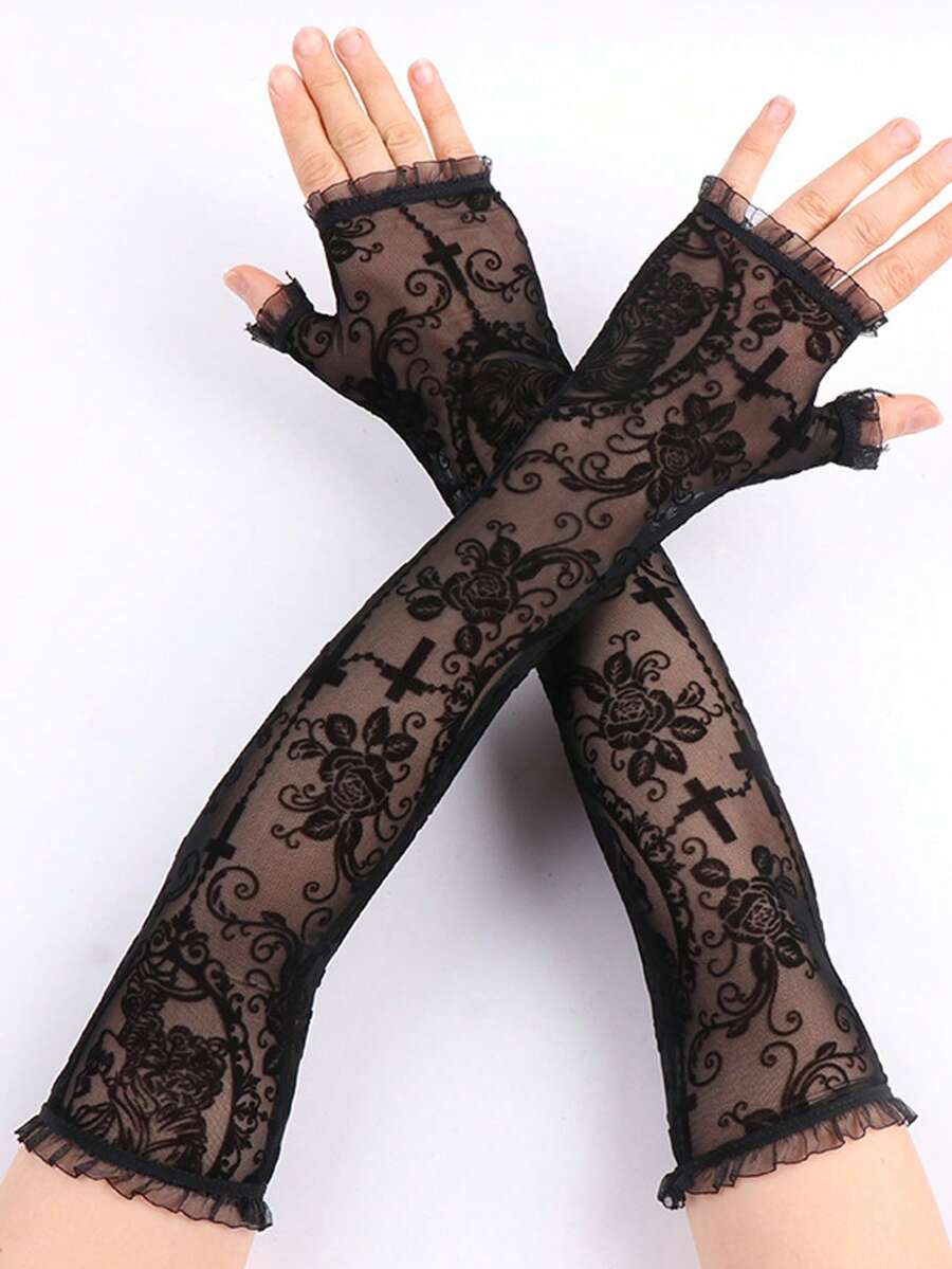 1 Pair Lace Half Finger Gloves With Long Arm Sleeve, Cosplay Costume Accessories, Sheer Dark Gothic Sexy - Black - View 1