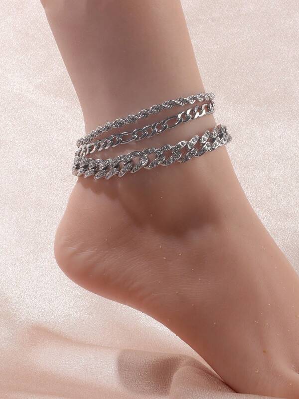 3 piezas Tobilleras de cadena con rhinestones minimalistas, diseño elegante