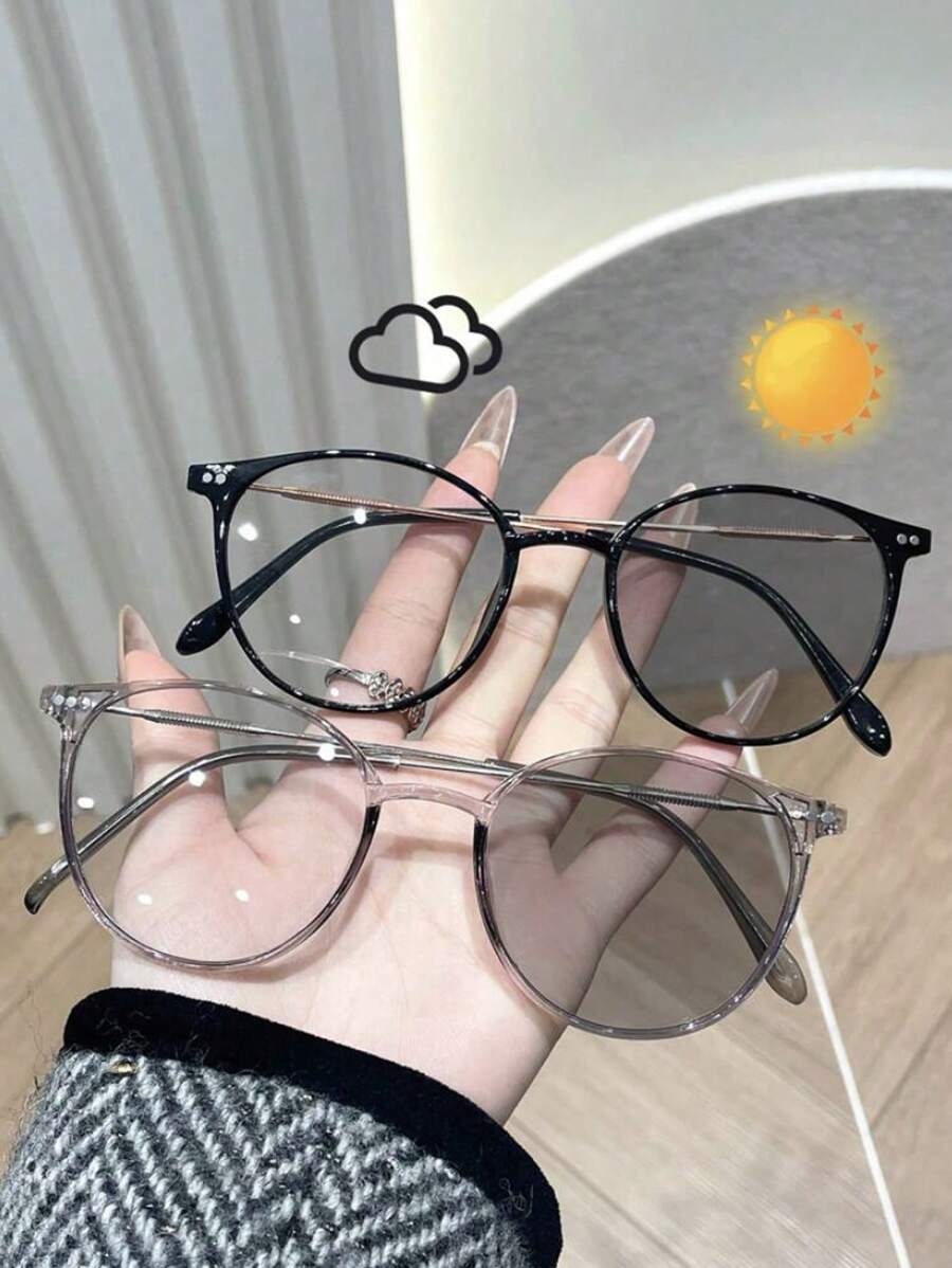 1 件经典圆框时尚变色眼镜女士日常生活服装配饰圆形墨镜 - 黑框.灰框-變色 - 查看 1