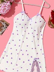 女士性感内衣蝴蝶结装饰印花蕾丝边开衩下摆吊带睡衣吊带裙性感内衣睡衣性感内衣服装性感内衣裙