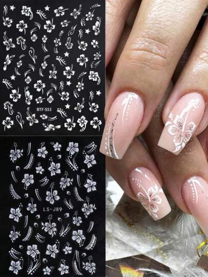 2pcs Elegant White Magnolia 3D Nail Stickers - Self-Adhesive Five-Petal Flower Decals, Suitable For DIY Wedding And Party Nail Art, Glitter Effect, Single-Use