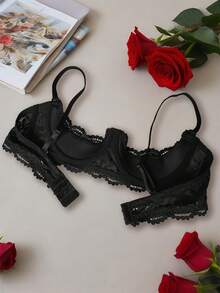 Sujetador sexy de media copa con borde de encaje negro, ropa interior ajustable y cómoda con tirantes para mujer - Negro - Ver 3