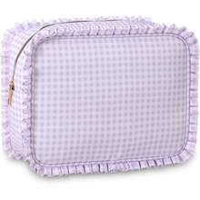 Toiletry Bag Gingham Ruffle Makeup Bag,Large Travel Cute Cosmetic Bag For Women Girls,Toiletry Bag Make Up Organizer 10.8 X 4.5 X 8 Inch (Purple Gingham) - 粉紅格子 - 查看 2