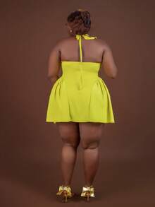 Tildaharris Plus Size Women Tied Back Halter Backless Dress, For Hourglass Body Shape, For Summer - Mustard Yellow - View 8