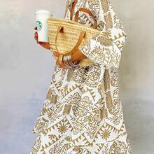 大码女式优雅新款时尚花卉印花休闲宽松中长连衣裙，七分袖衬衫裙，适合春夏秋季