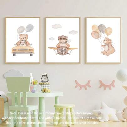 3 件套飞机上的泰迪熊，裱框印刷，幼儿园儿童卧室墙面艺术，儿童水彩画，数码，男孩房，数码下载。适用于儿童房、婴儿房、男孩女孩派对卧室背景墙、幼儿园教室装饰，防水。客厅、门、托儿所、教室、家居装饰和礼品。卧室床头装饰壁纸，派对装饰礼品。