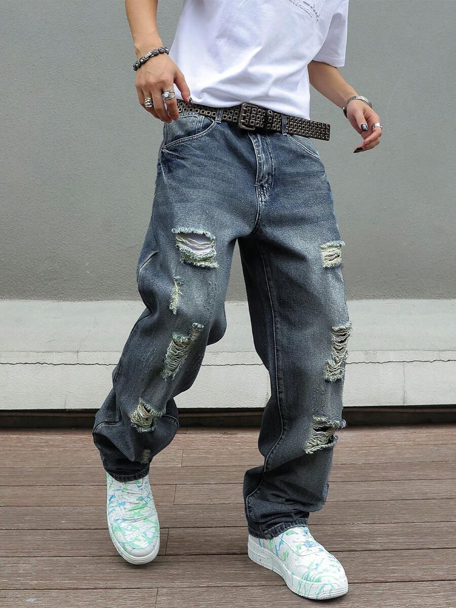 Vaqueros desgastados Y2K para hombre, de tiro medio, largos y rectos, estilo urbano - Lavado ligero - Ver 1