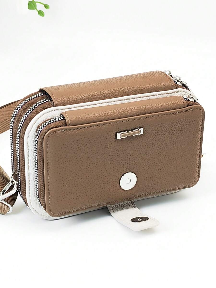 新款多功能大容量双拉链斜挎包，时尚简约，柔软优雅，适合休闲、度假、约会，女士钱包 - 棕色 - 查看 1