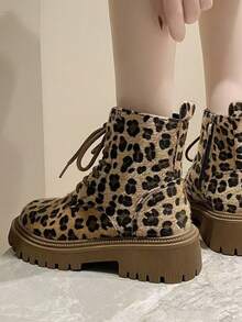 Plus Size Leopard Print Chunky Heel Short Ankle Boots For Teens Girls, Snug Fit Effect, Suitable For Spring & Autumn - Apricot - View 7