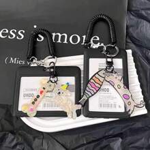 黑色卡套，带有可爱的卡通小猫和小狗，适用于地铁卡、公交卡、火车票、渡轮卡、员工证、门禁卡、学生证、图书证、校园餐卡 - 黑色 - 查看 1