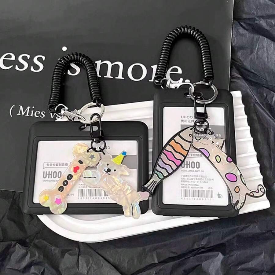 黑色卡套，带有可爱的卡通小猫和小狗，适用于地铁卡、公交卡、火车票、渡轮卡、员工证、门禁卡、学生证、图书证、校园餐卡 - 黑色 - 查看 1