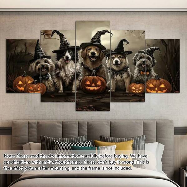 5pcs/Set Charming Puppy Halloween Canvas Painting | Whimsical Dog Halloween Art Wall Art | Holiday Pet Lover Fall Pumpkin Decor | Wall Art , Halloween, Fall, Posters, Wall Art, Room Decoration Stuff, Decorative Wall Art,... Decorative Painting.