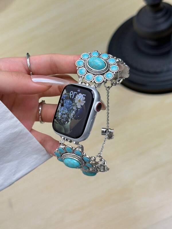 1 Pack Diamonds Bling Becorative Fancy Jewelry Stylish Cute Girly Stone Metal Link Design Elastic Watchband For Apple Watch Band Blue Bracelet For Women Compatible With 38mm 40mm 41mm 42mm 44mm 45mm 46mm 49mm Compatible With Apple Watch Strap Series Ultra 2 SE 10 9 8 7 6 5 4 3 2 1