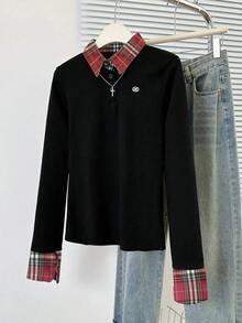 Women's Polo Collar 2 In 1 Plaid Contrast Design Slim Fit Long Sleeve T-Shirt - Red Plaid - View 6