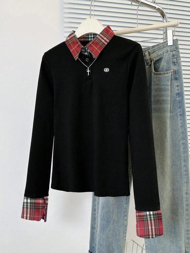 女性用ポロカラーモックレイヤー チェック柄パッチワーク 長袖Tシャツ