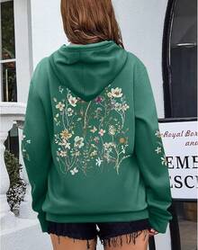 Women's Floral Printed Hoodies Vintage Aesthetic Flower Graphic Sweatshirt Cute Boho Fleece Thermal Hoodie Pullover - màu xanh lá - Xem 4