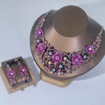 1 套女士首饰套装，项链和耳环 3 件，适合新娘、婚礼、宴会、正式场合