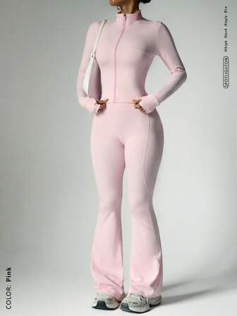 FWH Street-Ready 2 Pieces Set,Tummy-Control Waist + Thumbhole Sleeves, Gym-To-Street,Corset-Inspired Zip Front,4-Way Stretch Flares,Anti-Slip Waistband,Sculpting Jacket Zip Detail + Booty-Lifting Pants,Confidence-Boosting Set,Women's Zip-Front Jacket & Flared Pants,Set 2 Pieces Set Women