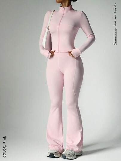 FWH 2-delars set med streetstyle-outfit, inkluderar jacka med tumhålsärm, dragkedja fram och utsvängda byxor med hög midja och halkfri midja, shapewear-jacka med dragkedja och lyftande byxor, ökar självförtroendet, set med jacka med dragkedja fram och utsvängda byxor för kvinnor