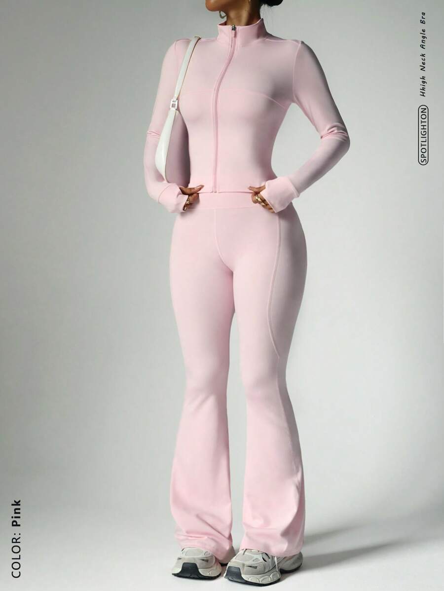 FWH Street-Ready 2 Pieces Set,Tummy-Control Waist + Thumbhole Sleeves, Gym-To-Street,Corset-Inspired Zip Front,4-Way Stretch Flares,Anti-Slip Waistband,Sculpting Jacket Zip Detail + Booty-Lifting Pants,Confidence-Boosting Set,Women's Zip-Front Jacket & Flared Pants,Set 2 Pieces Set Women