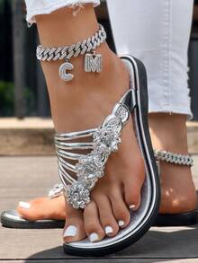 Women's Silver Metal-Look Sandals, Adorned With Crystal Floral Decor, Lightweight & Comfortable Summer Beach Slide Slippers, Slip-On Flat Shoes For Casual & Holiday Wear - Silver - View 7