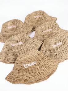 1 Pc,Embroidered,Bride Straw Bucket Hat |Back To School,Beach Bachelorette Accessory, Bridal Headwear, Bach Party Decorations, Bridesmaid Gift, Wedding Cap Brown - Multicolor - View 8