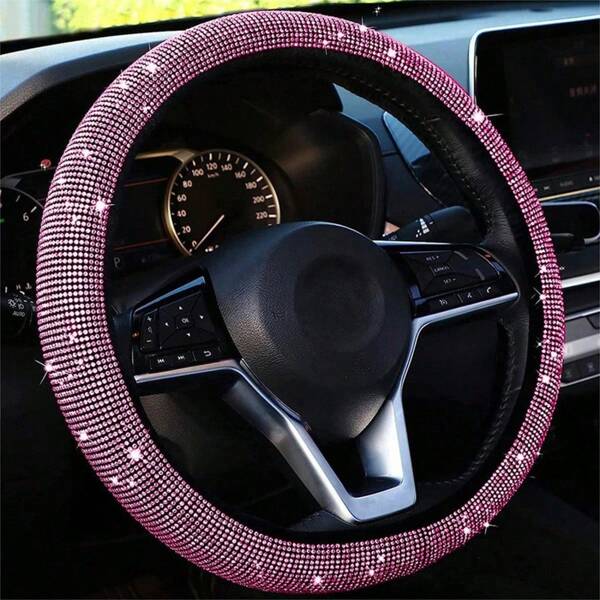 1 pieza Cubierta de volante con diamantes de imitación de color rosado brillante con diamantes de cristal, protector de volante transpirable y antideslizante (se ajusta a volantes de 14,2" a 15,3") Disponible en varios colores: Diamante blanco, Diamante negro, Diamante azul, Diamante rojo