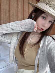 Áo len cardigan buộc dây hở vai tay dài, áo crop top cho mùa tựu trường - Xám - Xem 5