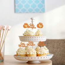 12pcs/Set Pumpkin Paper Cupcake Decorations - Glitter Pumpkin Cupcake Toppers - Baby Shower Decor - Autumn Harvest Theme - Kids Birthday Party Supplies