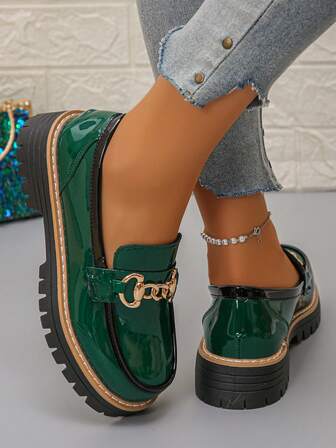 Women's Wedge Heel Thick Sole Slip-On Shoes, Solid Color Bohemian Elegant Retro Metal Chain Fashion Versatile Mary Jane Office Shoes