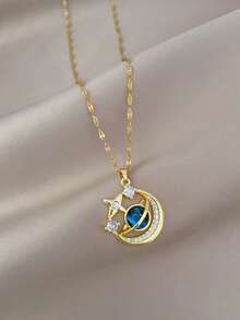 1 件女士精致水钻星星和月亮项链，简约星座颈链，聚会礼物 - 金黃色 - 查看 3