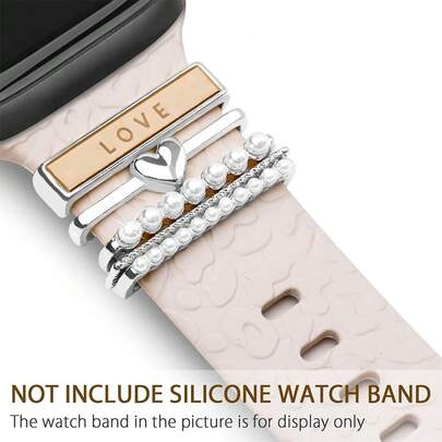 5/4pcs Metal Pendant Decorative Rings Compatible With Apple Watch Bands, LOVE Rhinestone Glitter Decor Smart Watch Silicone Strap Accessories, Bracelet Fashion Accessories (Watch And Band Not Included), Compatible With 38mm, 40mm, 41mm, 42mm, 44mm, 45mm, 46mm, 49mm Series Ultra/SE/10/9/8/7/6/5/4/3/2/1 Bands