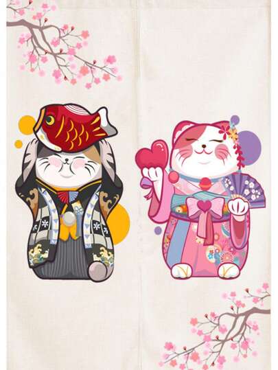 日式招财猫布艺窗帘，可爱卡通图案，无需钻孔安装，适用于卧室、客厅、玄关、隔断、装饰壁挂、风水