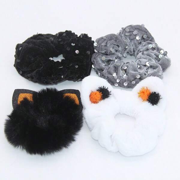 4pcs/Set Cat Ear Shiny Sequin Scrunchies, Plaid Fabric Scrunchies For Women, Hair Ties, Scrunchy Hair Ties