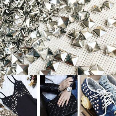100pcs 10mm Four-Claw Square Stud Rivets, Silver Color, For Garment, Shoes And Bags