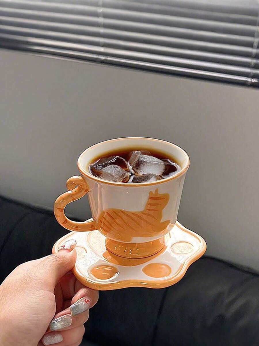 150ml釉下彩猫陶瓷杯碟套装浮雕茶杯碟套装新居客厅杯1套咖啡杯&餐杯礼物 - 彩色 - 查看 1