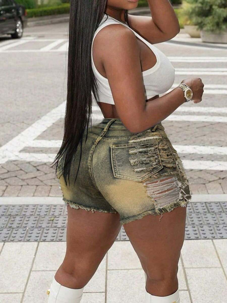 Rave Y2K Street High Stretch Diagonal Pocket Frayed Hollow Out Distressed Denim Mini Shorts, Sexy Club Wear Denim Shorts For Spring/Summer - Millennium Yellow - View 1