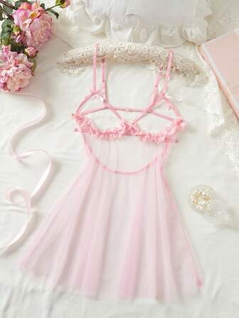 Women's Pink Bow Decoration Sheer & Backless Bare Chest, Babydolls Sexy Lingerie Dress, Bridal Lingerie, Going Out